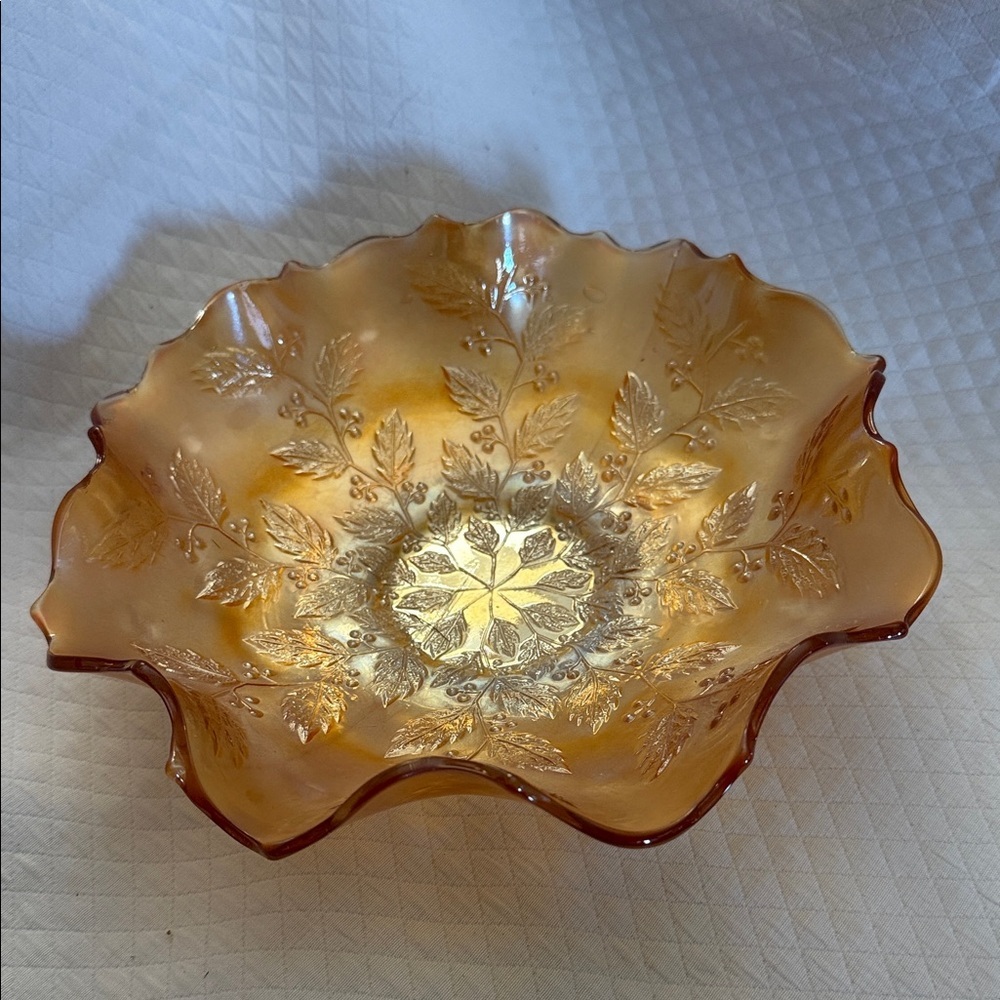 Antique Fenton “Holly” Carnival Glass bowl 9” Marigold